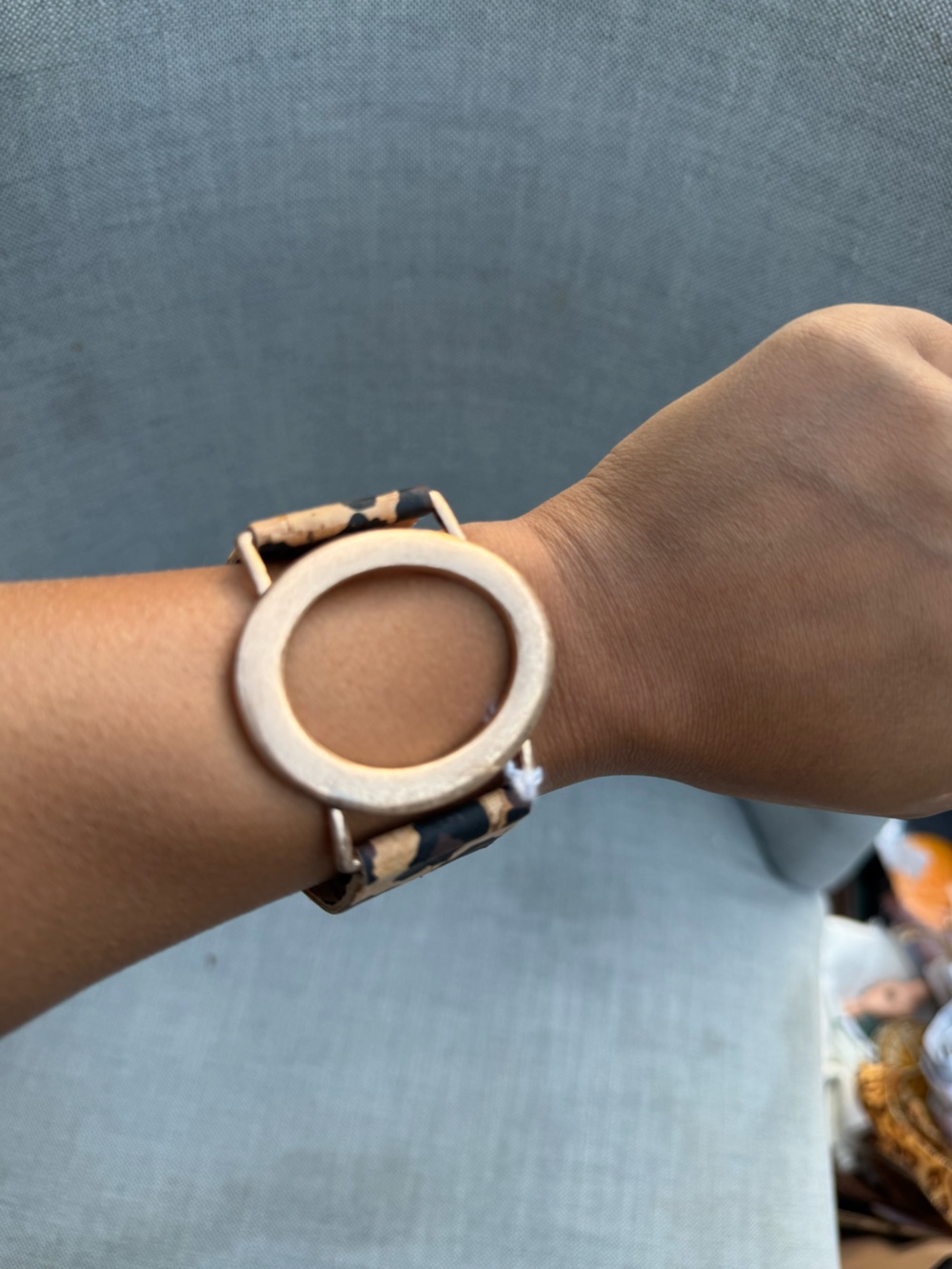 Round Wood Accent Bracelet with Leopard Print Strap